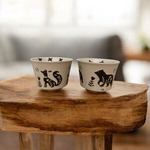 Set of 2 Stoneware Mugs— Fox & Bear Design, Nature Inspired (12 oz)